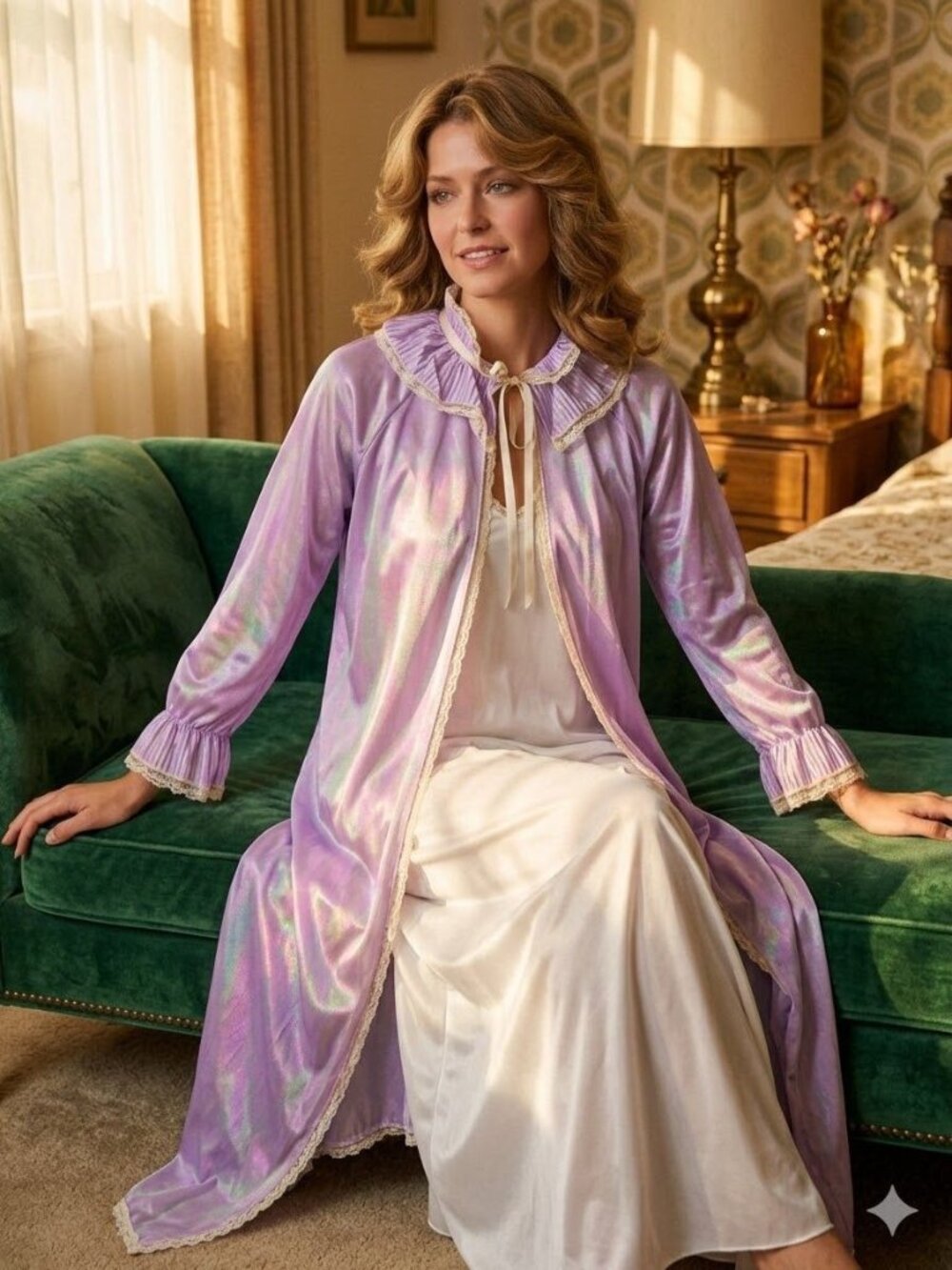 Vintage 1970s Lavender Nylon Robe 10 Purple Lace Ruffle Peignoir Fairycore